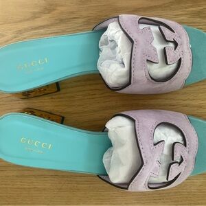 Women's Lavender and Teal Mules Gold Heels